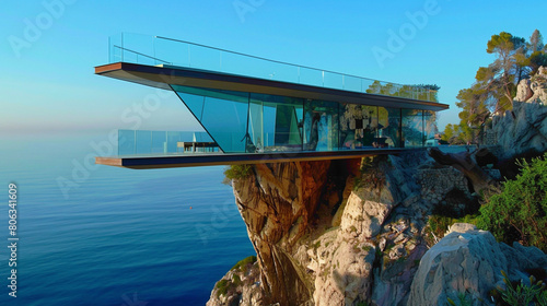 An avant-garde glass house perched on a cliff, offering panoramic views of the sea below photo