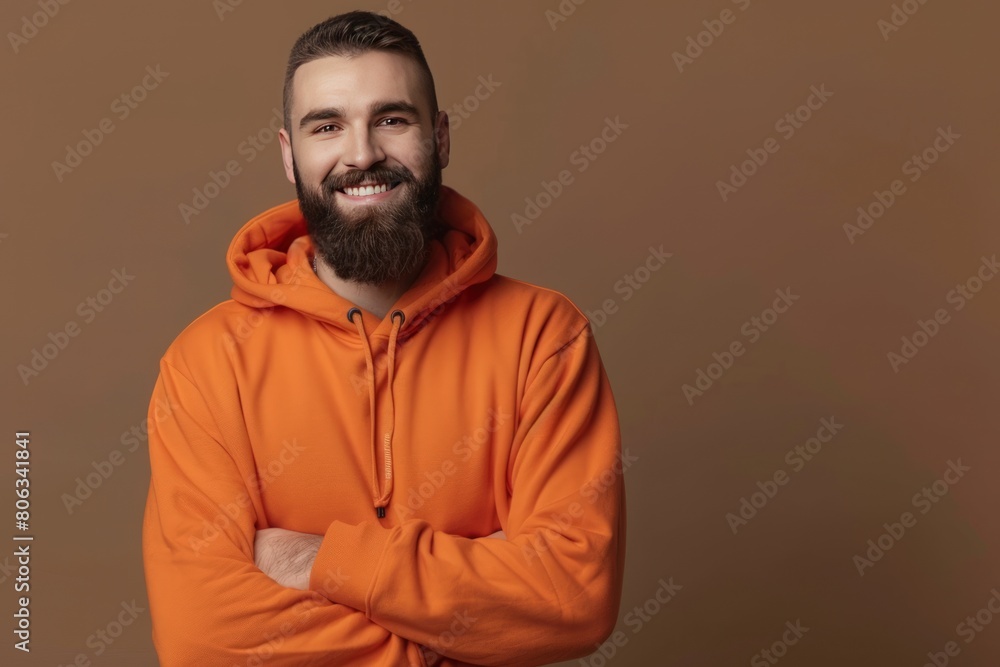 Photo of a smiling man in an orange hoodie, isolated on orange background. Photo of a smiling man in an orange hoodie, isolated on orange background.
