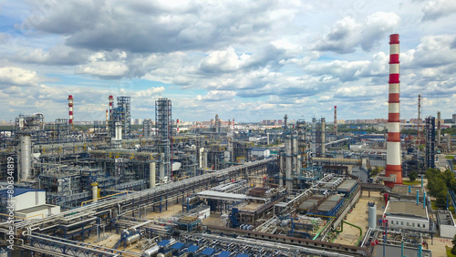 Panoramic view of a large modern oil refinery.