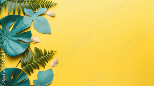 Summer background of Several green leaves are arranged on a bright yellow background
