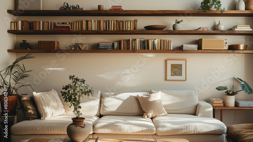 An inviting modern living room with a focus on a stylish wood floating shelf, showcasing a curated selection of books and decorative objects, agnst a backdrop of clean lines and muted tones, offeri photo