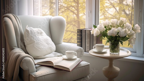 An inviting reading nook featuring a cozy white armchr pred with a small, elegant table, perfect for enjoying a good book and a cup of tea photo