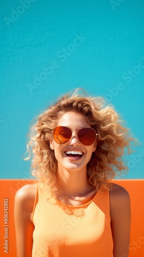 Summer background of A woman dressed in a tank top and sunglasses