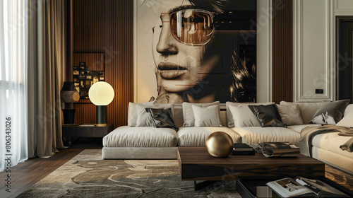 Discover a stylish living room adorned with contemporary accents A large mock-up poster serves as a focal point, while a wooden coffee table features a fashionable ball lamp, adding a touch of glamour photo
