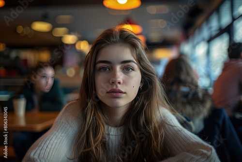 Sad girl sitting at the table in a university coffee shop. Generate AI image