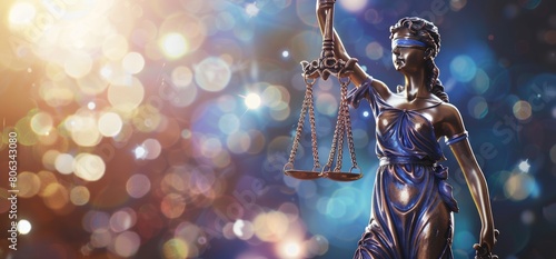Scales of justice and a statue of Lady Justice. Generate AI image