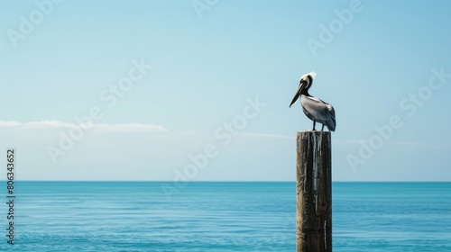 A Pelecaniformes bird with a long beak perched on a wooden post by the lake, gazing at the fluid water under the vast sky AIG50 photo