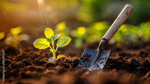 Gardening spade in golden hour light poised in fertile soil for planting. Concept Gardening, Spade, Golden Hour, Fertile Soil, Planting