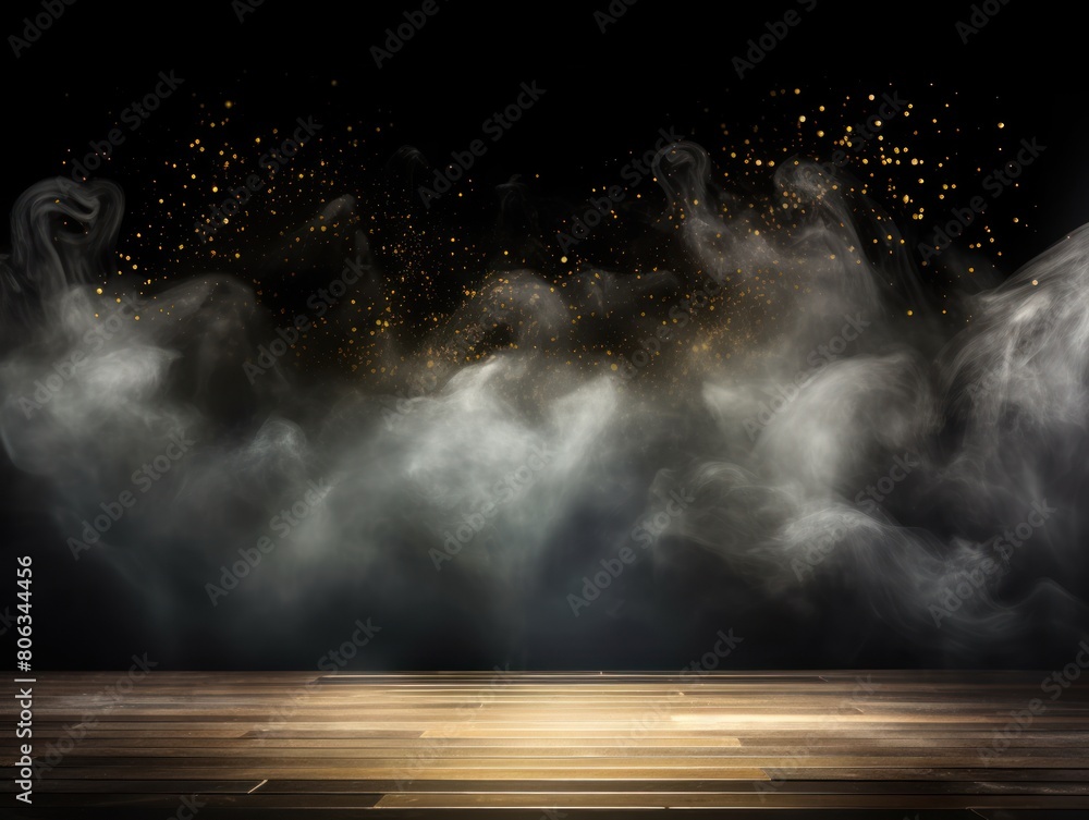 Black smoke empty scene background with spotlights mist fog with gold glitter sparkle stage studio interior texture for display products blank 
