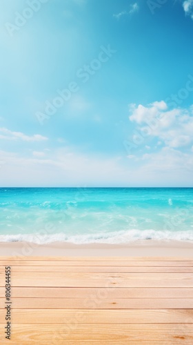 Summer background of Wooden floor with a clear view of the ocean on a sunny day