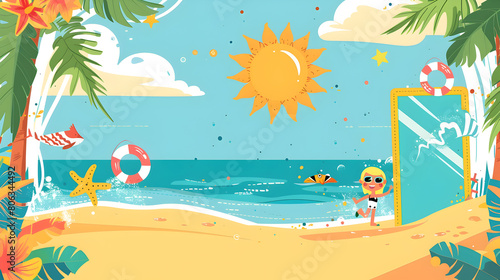 Colorful Beach Scene with Summer Activities Illustration