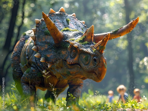 A Triceratops rambling through a park  children following at a safe distance  all rendered in stunning detail with Octane