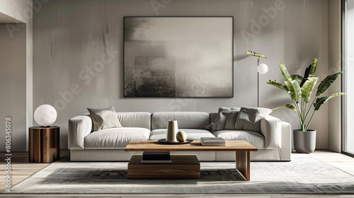 Enter a stylish living room where sophistication meets comfort A large mock-up poster serves as a focal point, while a wooden coffee table features a fashionable ball lamp, adding a touch of elegance photo