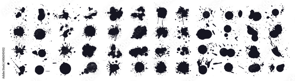 Black ink blots with drops. Drops blots isolated vector set. Black ink blow explosion