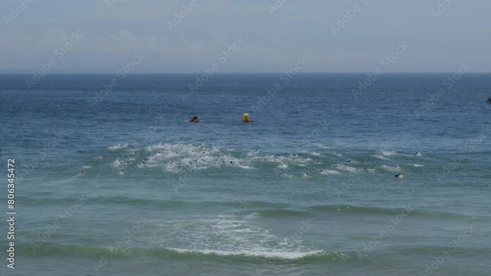 Portugal, Oeiras, Lisbon 05.05.2024. Sprint triathlon individual national championship: swimming, cycling and running. Ocean swim stage. Portugal, Oeiras, Lisbon 05.05.2024. Sprint triathlon individual national championship: swimming, cycling and running. Ocean swim stage.