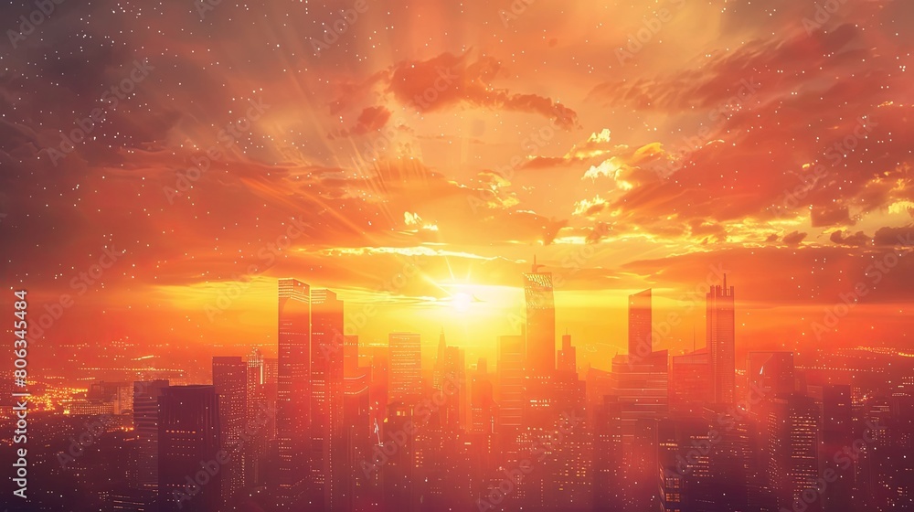 Fototapeta premium Futuristic city skyline cityscape buildings sunset wallpaper background