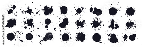 Ink drops and splashes. Blotter spots, liquid paint drip drop splash and ink splatter.  Different handdrawn spray design elements. Blobs and spatters photo