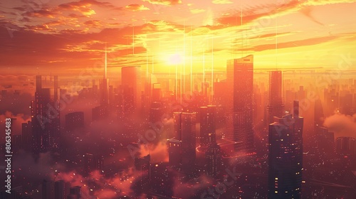 Futuristic city skyline cityscape buildings sunset wallpaper background © Irina