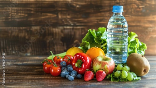 Fresh vegetables, a bottle of water, and fruits