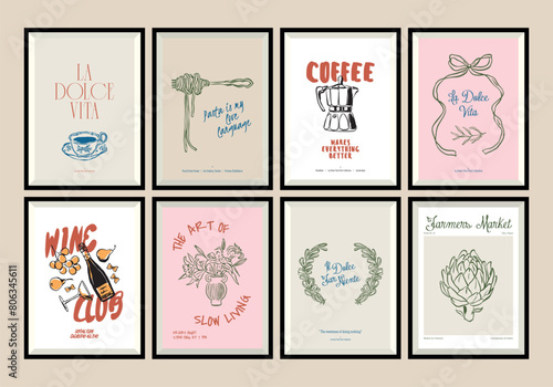 Minimal hand drawn vector dolce vita illustration set with aesthetic quote in a poster frame. Matisse style illustrations.	