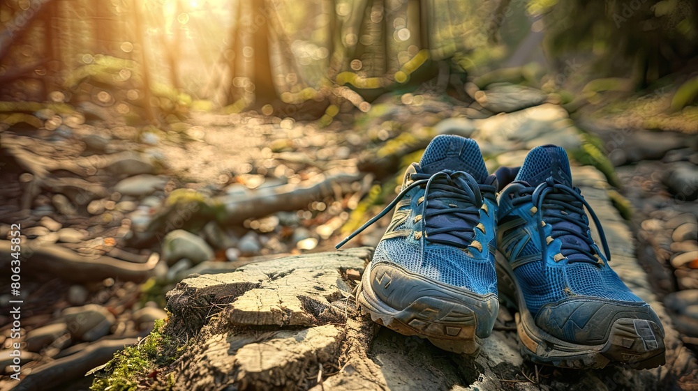 beautiful path with jogging shoes propped up on a stone