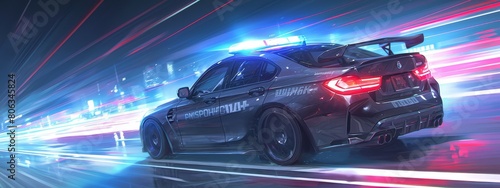 A black police car with flashing lights driving on the road, with a motion blur background photo