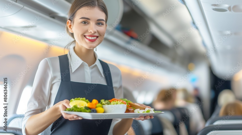 Passengers are served food by a flight attendant inside an airplane cabin