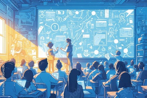 A cartoon illustration of an AI teacher presenting on the big screen in front, students sitting at desks listening and taking notes in a lightfilled classroom  photo