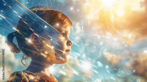 Multiple exposure, boy against the background of renewable energy sources.