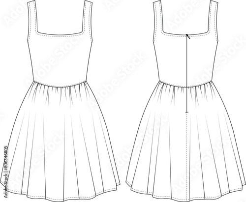 zippered shoulder straps strappy strapped gathered square neck sleeveless flared short a-line dress template technical drawing flat sketch cad mockup fashion woman design style model
