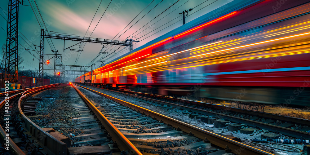 Fototapeta premium A train traveling down the tracks at night.