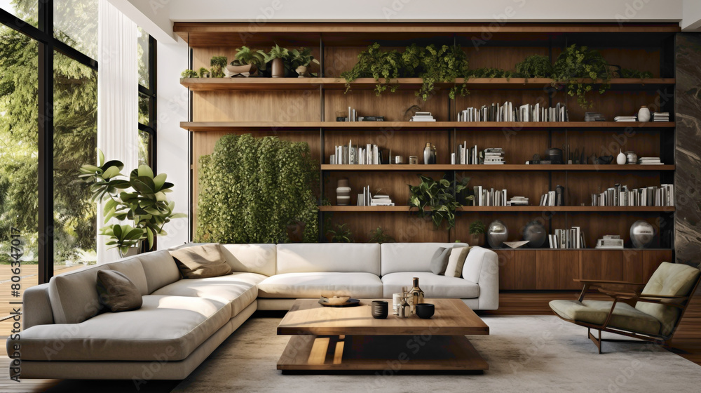 Step inside a modern sanctuary of comfort and sophistication, accentuated by a wood floating shelf adorned with tastefully curated decor pieces and lush greenery