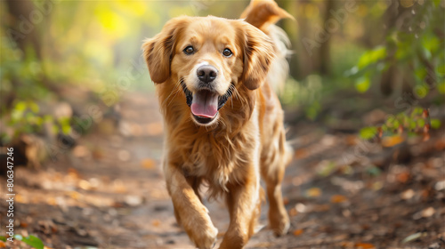 A joyful dog runs along a forest path.