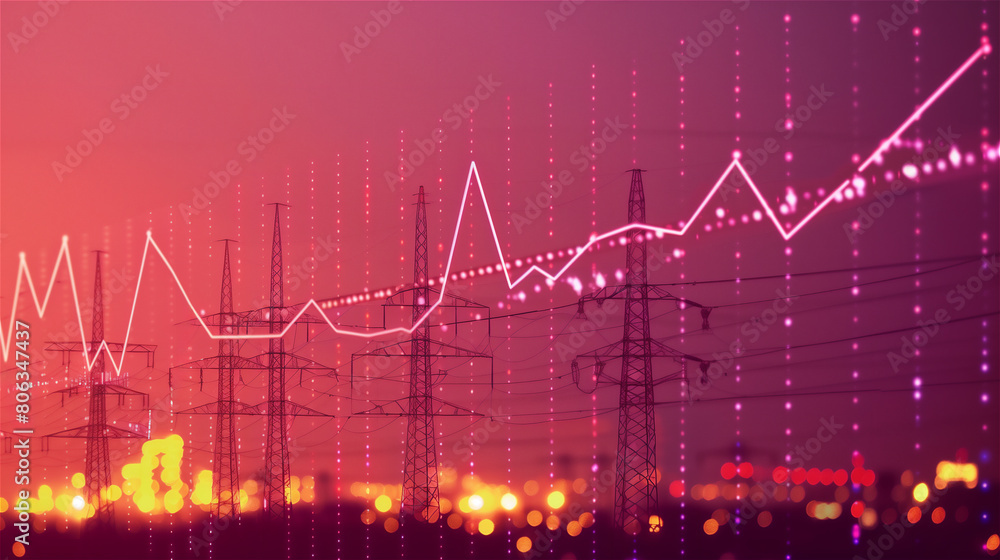A chart showing energy or fuel prices against the background of power lines and industrial plants.