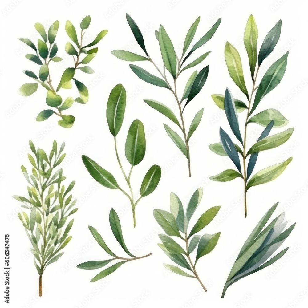 Watercolor olive tree branch set with leaves and green olives. Hand painted floral illustration isolated on white background for design, print, fabric or background. Watercolor olive tree branch set with leaves and green olives. Hand painted floral illustration isolated on white background for design, print, fabric or background.