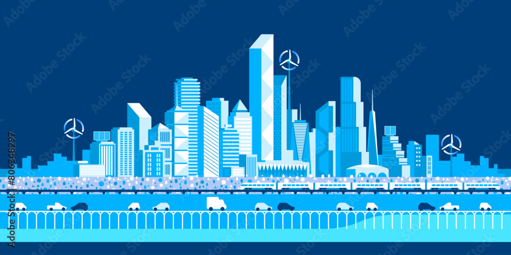 Urban landscape with infographic elements. Smart city. Modern city. City life. Capital downtown. Electric train. Transportation. Vector illustration. 