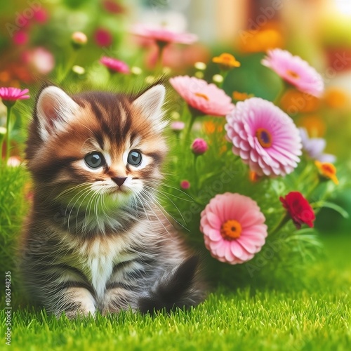pretty baby cat on a green lawn with flowers