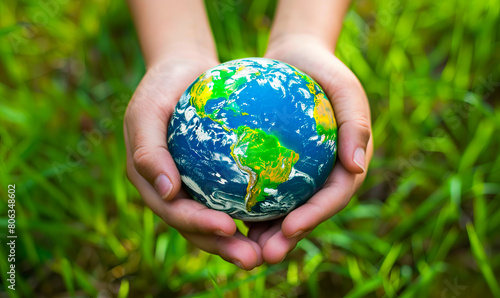 A child holding a small earth globe in their hands.