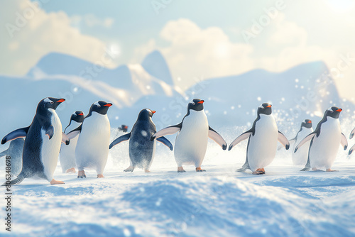 Penguins walking on the ice