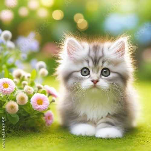pretty baby cat on a green lawn with flowers