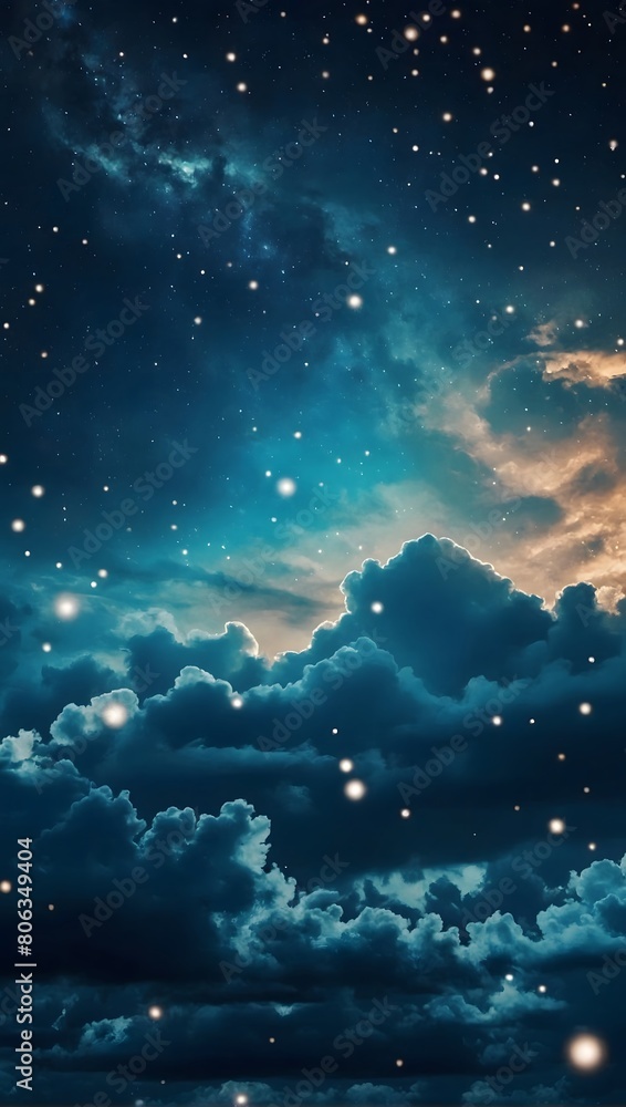 Cerulean Nightfall Mystical Sky with Billowing Clouds and Dazzling Stars Phone Background Wallpaper.
