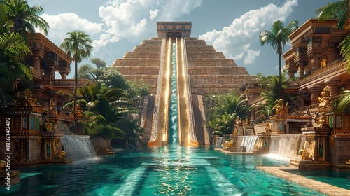 An Aztec pyramid with a slide made of gold into a pool made with Ai generative technology photo