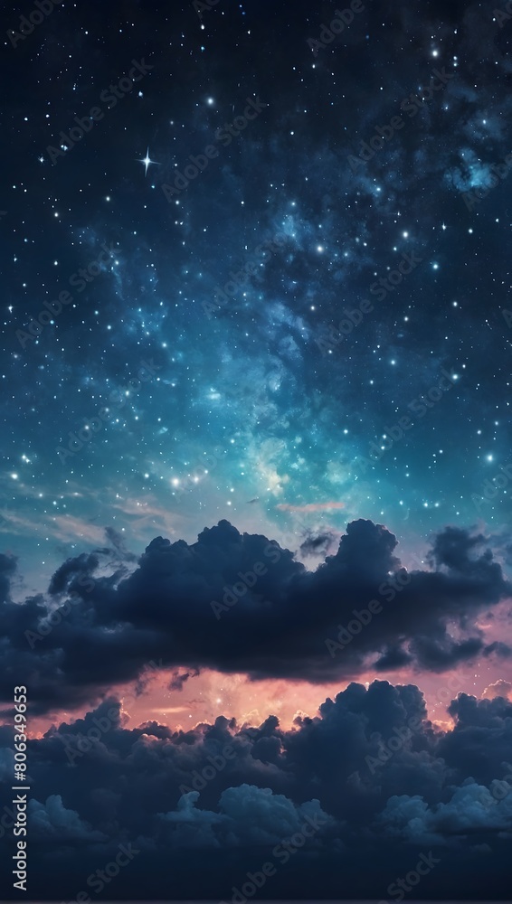 Cobalt Nightfall Ethereal Sky with Fluffy Clouds and Glistening Stars Phone Background Wallpaper.