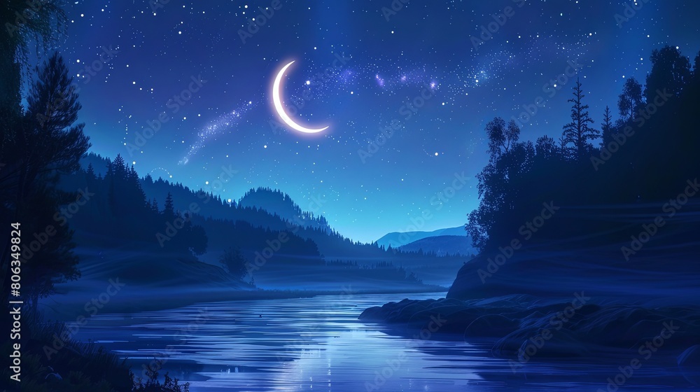 Fototapeta premium Magic landscape with forest river woods wallpaper background