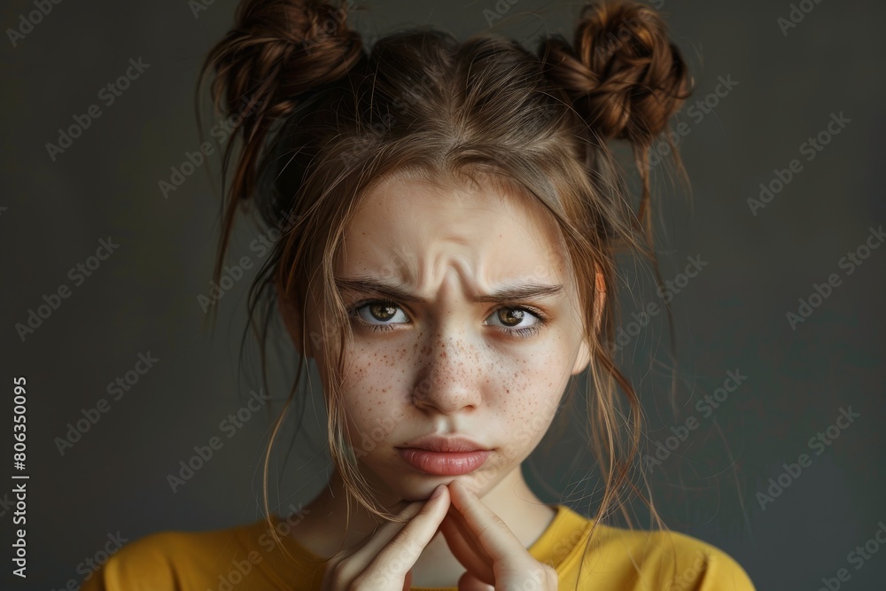 Girl 20s portrait, cute upset look begging, praying gesture, capricious female face, brown hair, double buns Girl 20s portrait, cute upset look begging, praying gesture, capricious female face, brown hair, double buns