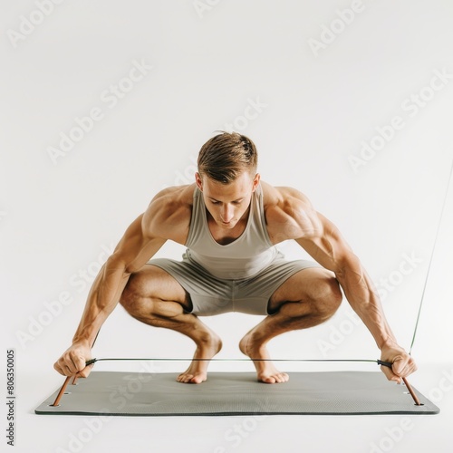 Young man exercising with elastic resistance band on fitness mat, gym equipment, bodybuilding