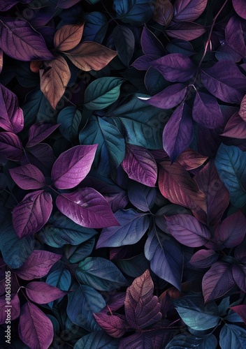 Purple and blue leaves on dark ground  like a painting