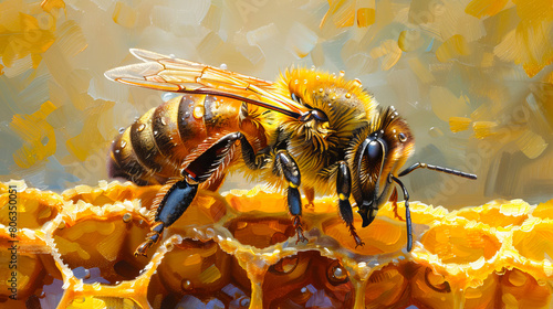 A painting of a bee on a honeycomb.