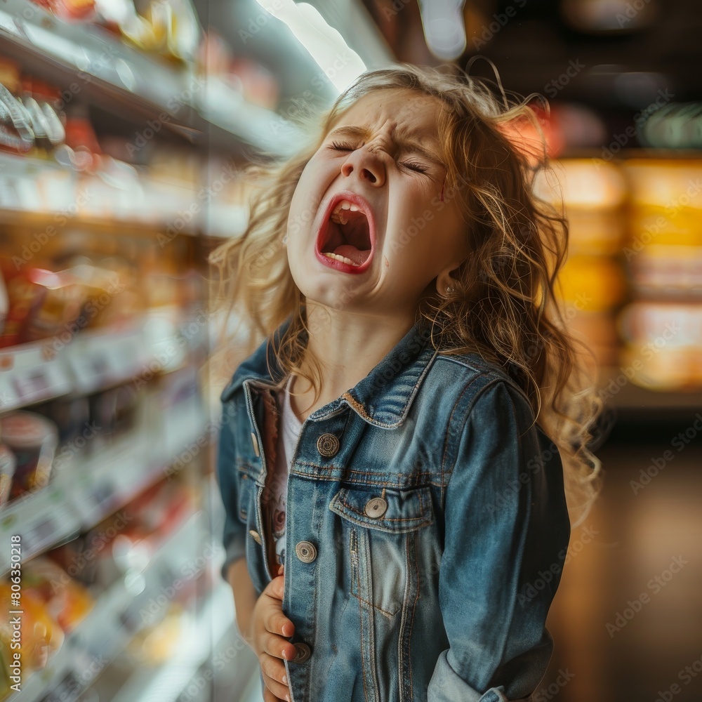 Hysterical girl in supermarket, upset child screams loudly, demands to buy, crying loudly, manipulating