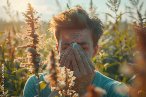 Young man sneezes because of an allergy to ragweed photo